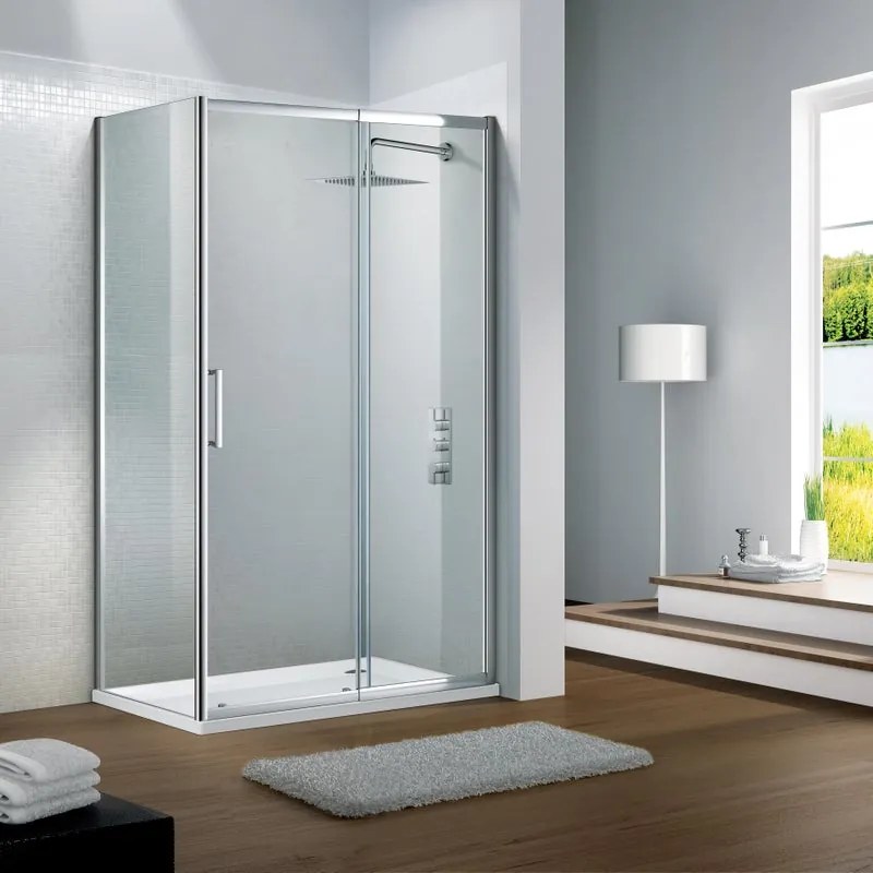 Porta doccia scorrevole L 120-130 cm x H 195 cm per nicchia in vetro trasparente SP. 6 mm, profilo lucido cromo, serie Slimline