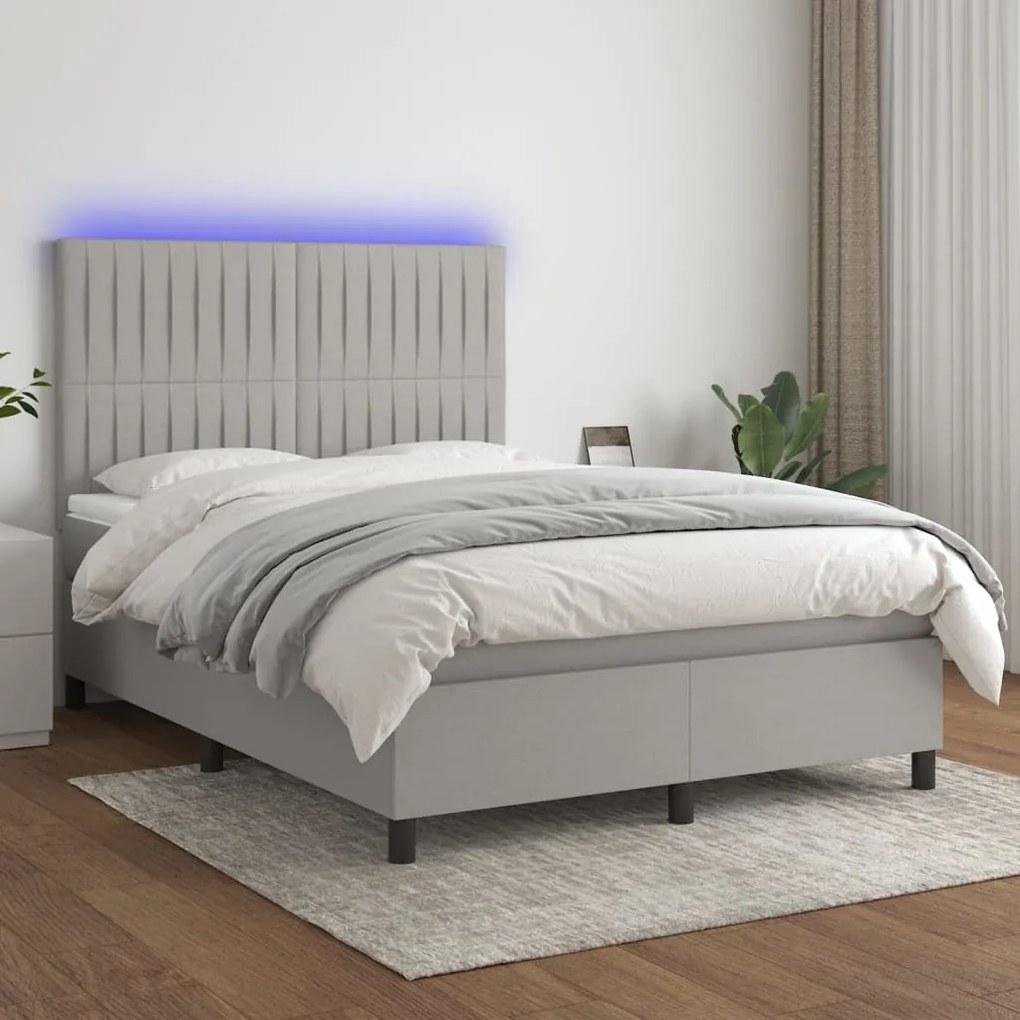 Letto a molle materasso e led grigio chiaro 140x200 cm tessuto