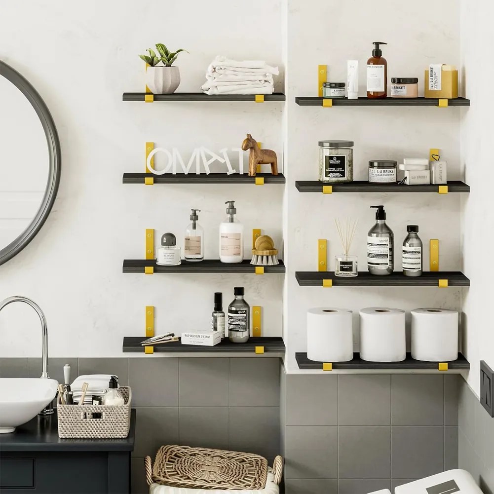 Set 8 Mensole da Parete 40x15x1,5 cm Staffe Oro Scaffalatura da Muro in Legno Nero...
