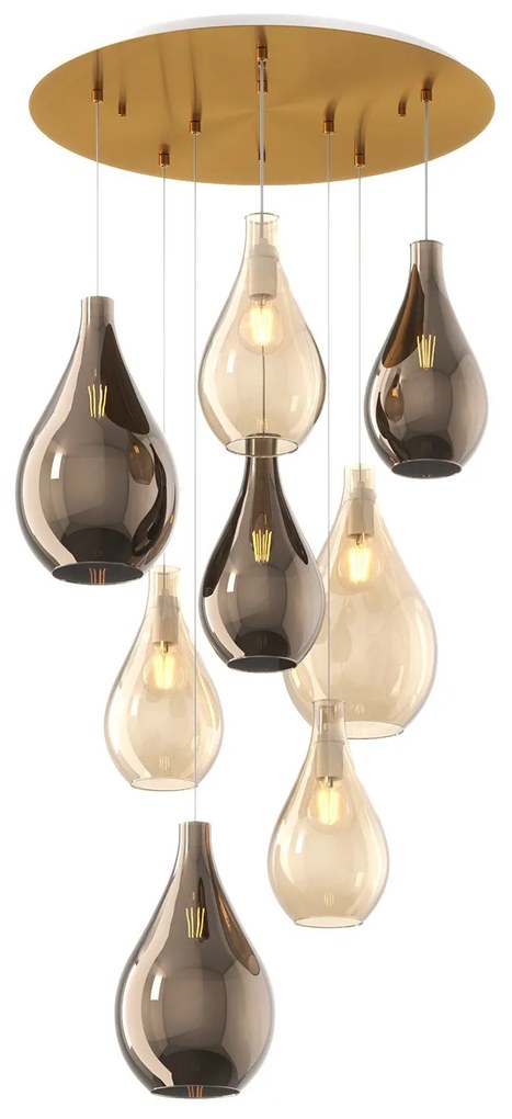 Lampadario Contemporaneo Drop 2.0 Metallo Ottone Vetro Ambra-Bronzo 8 Luci E27