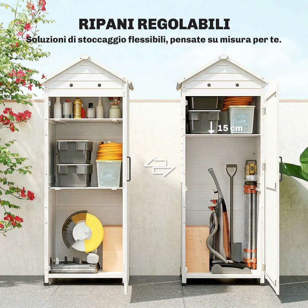 Casetta Box da Giardino 85x58x213 cm Ripostiglio con Scaffali Regolabili e Tetto Zincato in Legno Bianco...