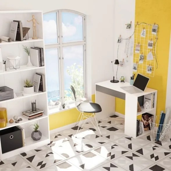 Scrivania Con Cassetto Moderna 101x50x73 Reversibile Con Ripiani Laterali Bianca