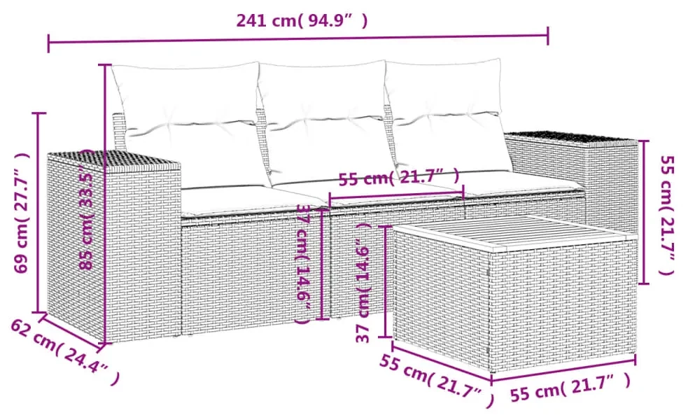 Set divani da giardino 4 pz con cuscini in polyrattan grigio