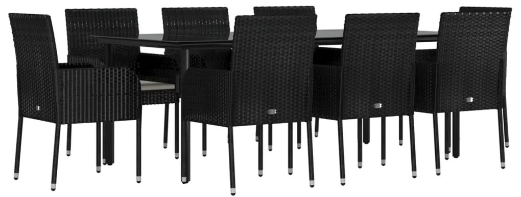 Set da pranzo da giardino 9 pz con cuscini nero in polyrattan