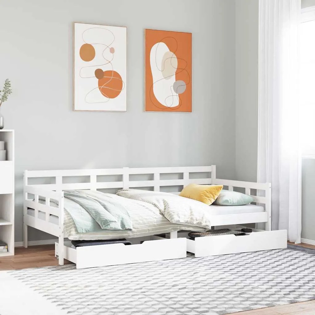Dormeuse Con Cassetti Bianco 90x190 Cm Legno Massello Di Pino /