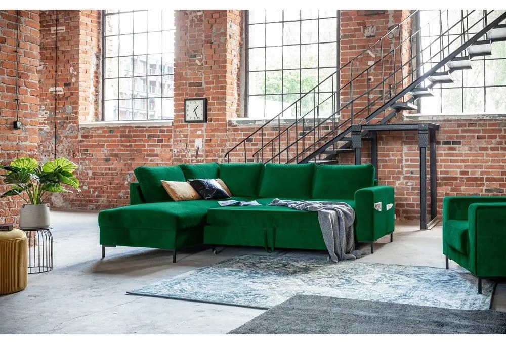 Divano letto angolare in velluto verde scuro (angolo sinistro) Lofty Lilly - Miuform