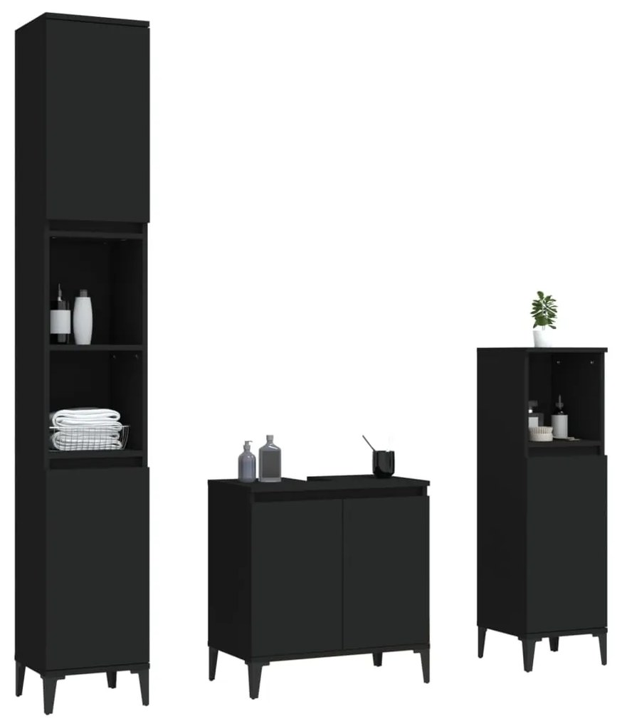 Set mobili da bagno 3 pz nero in legno multistrato