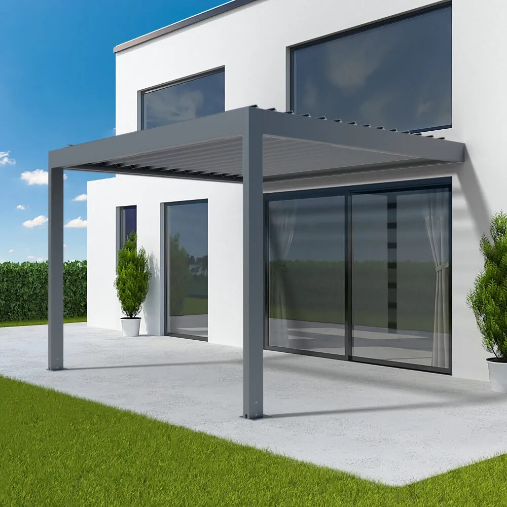 Pergola bioclimatica addossata, antracite grafite strutturato, elettrica, alluminio, 1000x1000 mm, configura individualmente