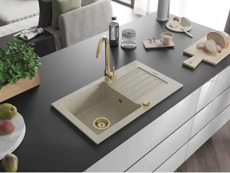 Mexen Pablo lavello in granito a 1 vasca con scolapiatti e rubinetto da cucina Telma, beige - 6510-69-670200-50