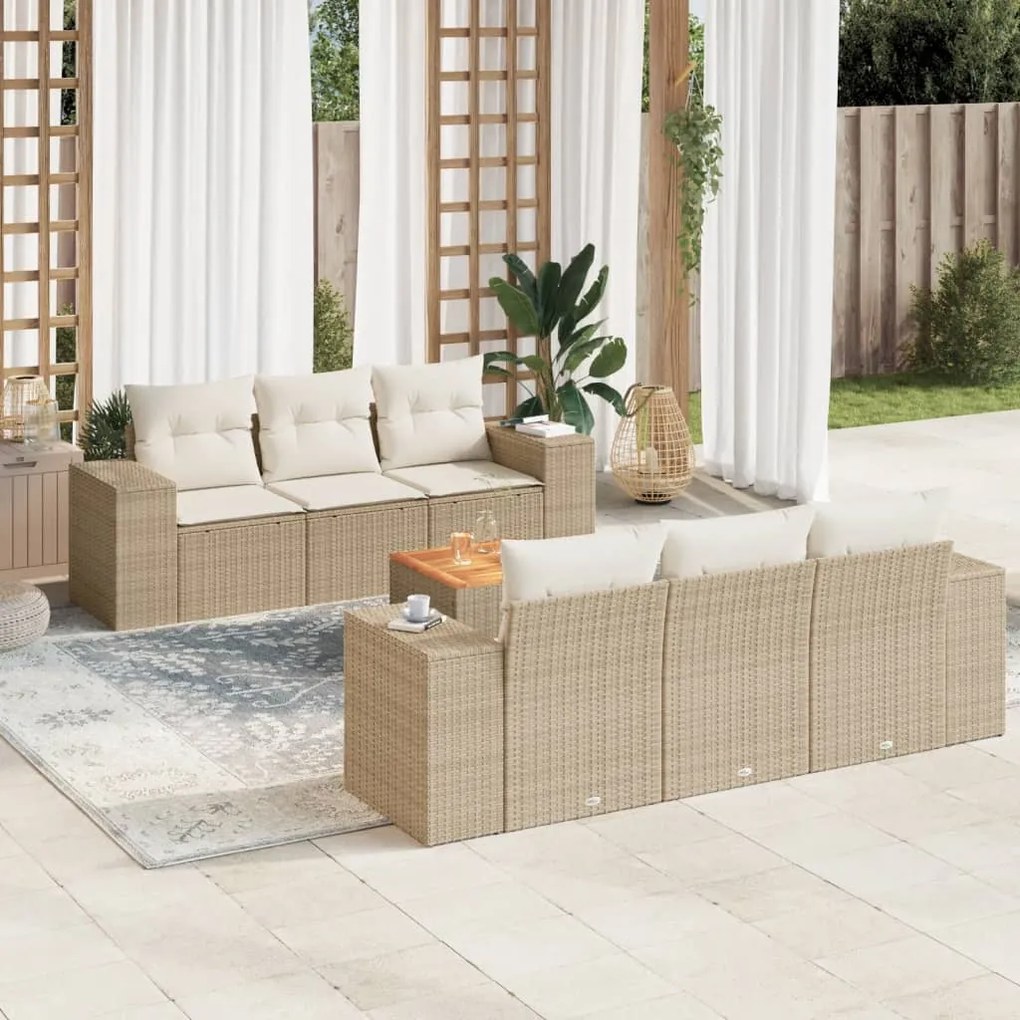 Set Divani da Giardino 7 pz con Cuscini Beige in Polyrattan