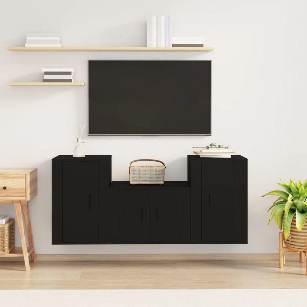 Set mobili porta tv 3 pz nero in legno multistrato