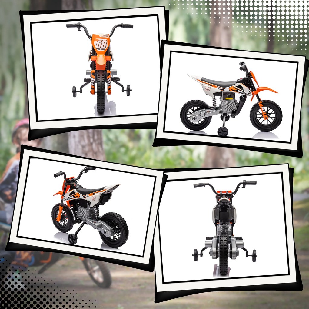 Moto Elettrica per Bambini 3-6 Anni 107x56x70 cm Batteria 12V e Rotelle Rimovibili Arancione...