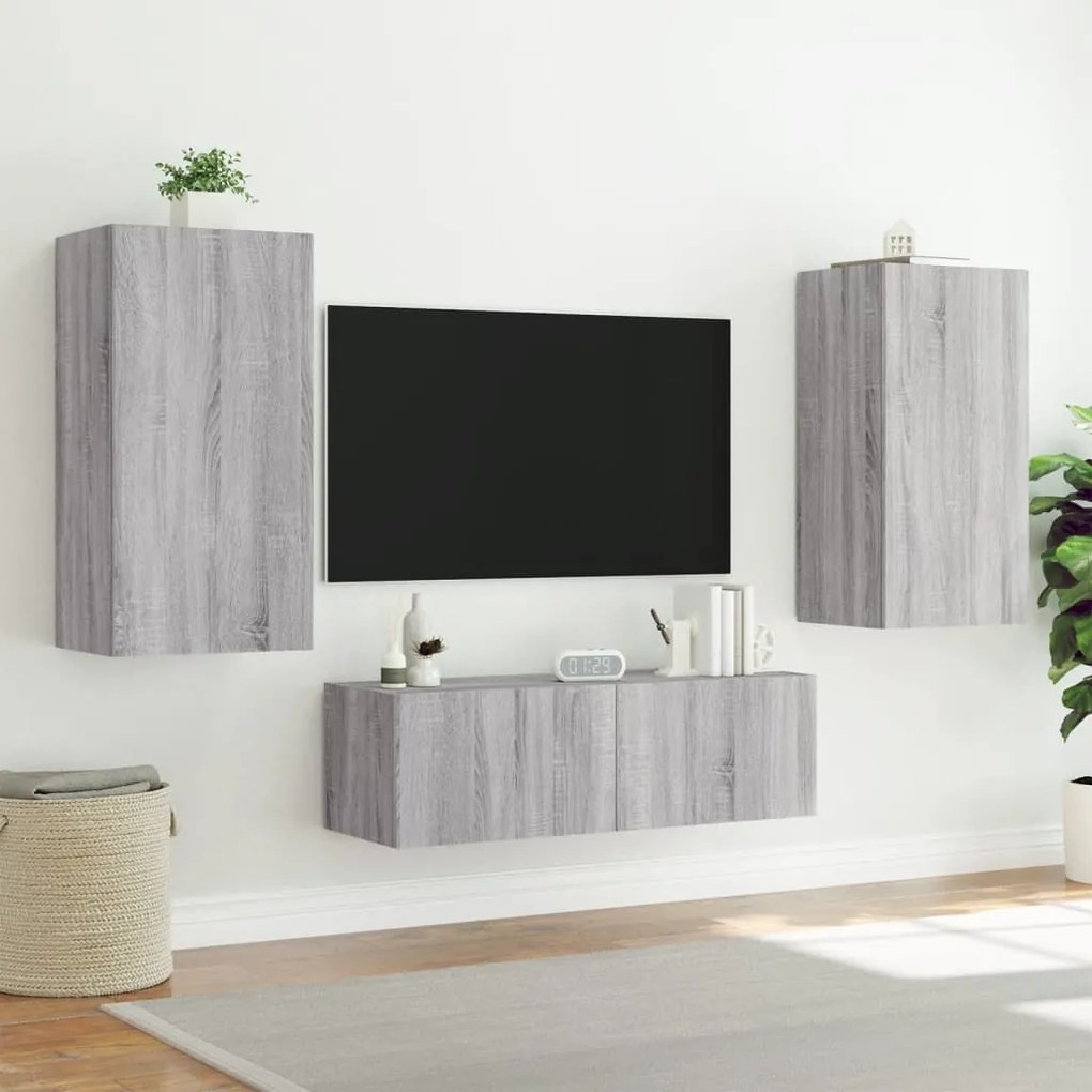 Mobili tv a muro 3pz con luci led grigio sonoma