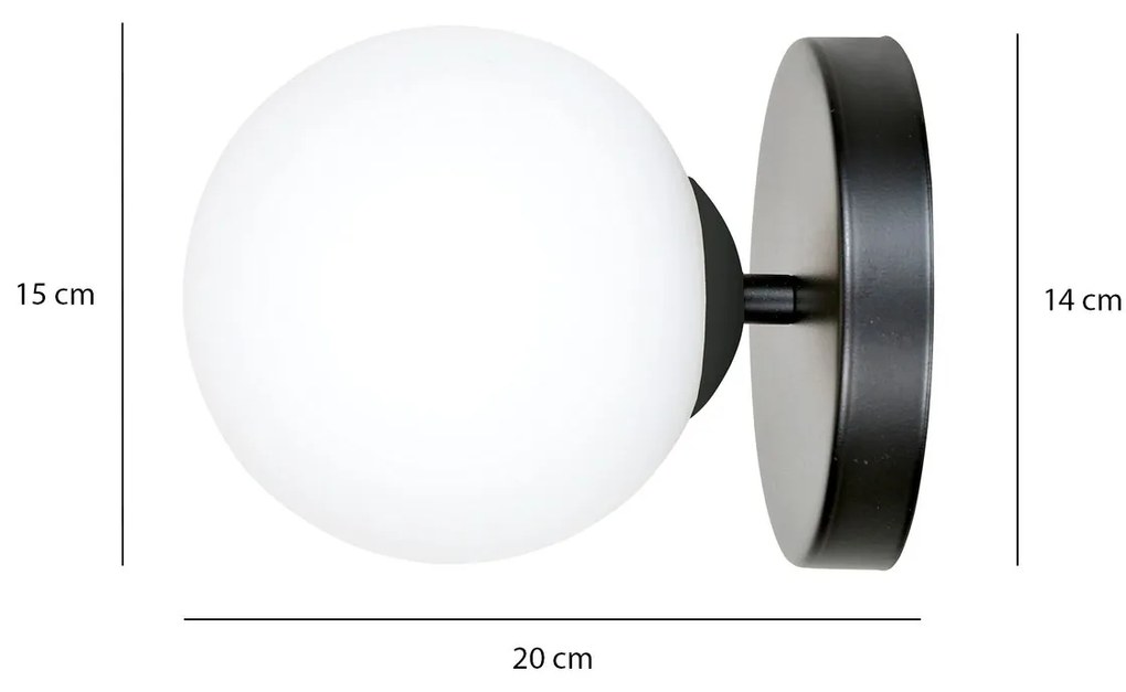 Applique 1 Luce Kalf In Acciaio Nero A Bracci E Sfera In Vetro Opalino