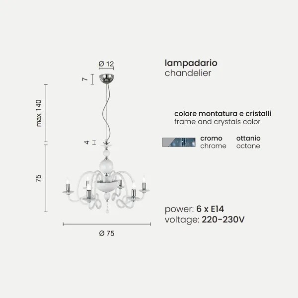 Lampadario a sospensione D75 cm VIVALDI a 6 luci in vetro lavorato a mano OTTANIO