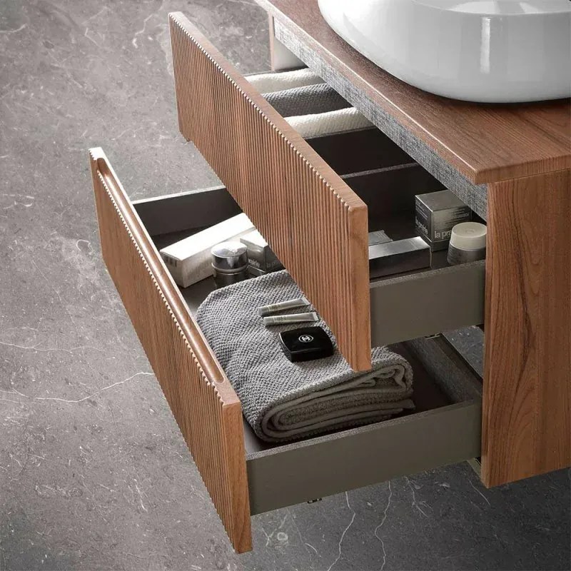 Mobile bagno sospeso 80 cm noce canaletto cannettato con top e specchio Bali