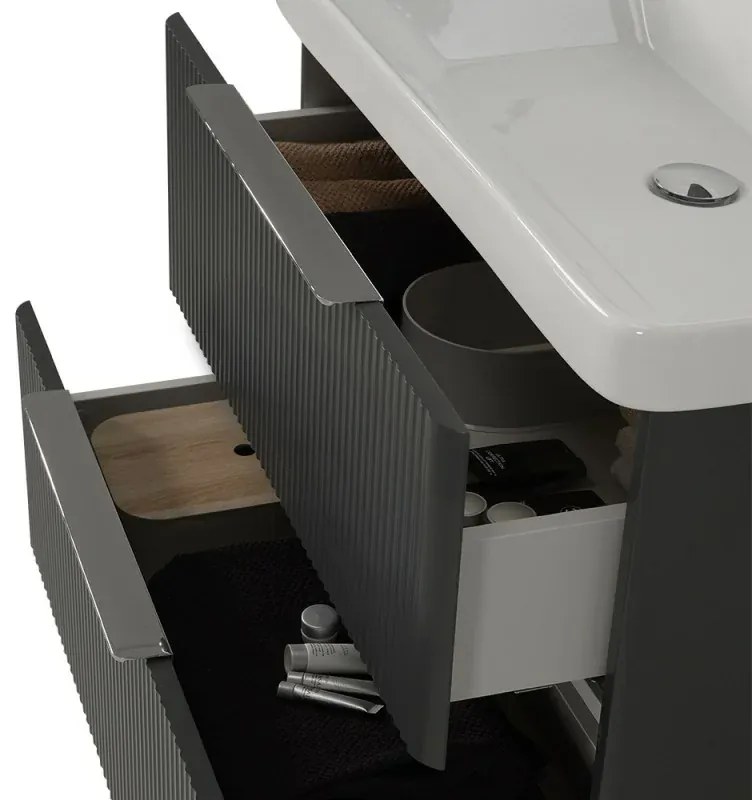 Mobile bagno sospeso 80cm antracite cannettato con cassetti, specchio e lavabo Mia