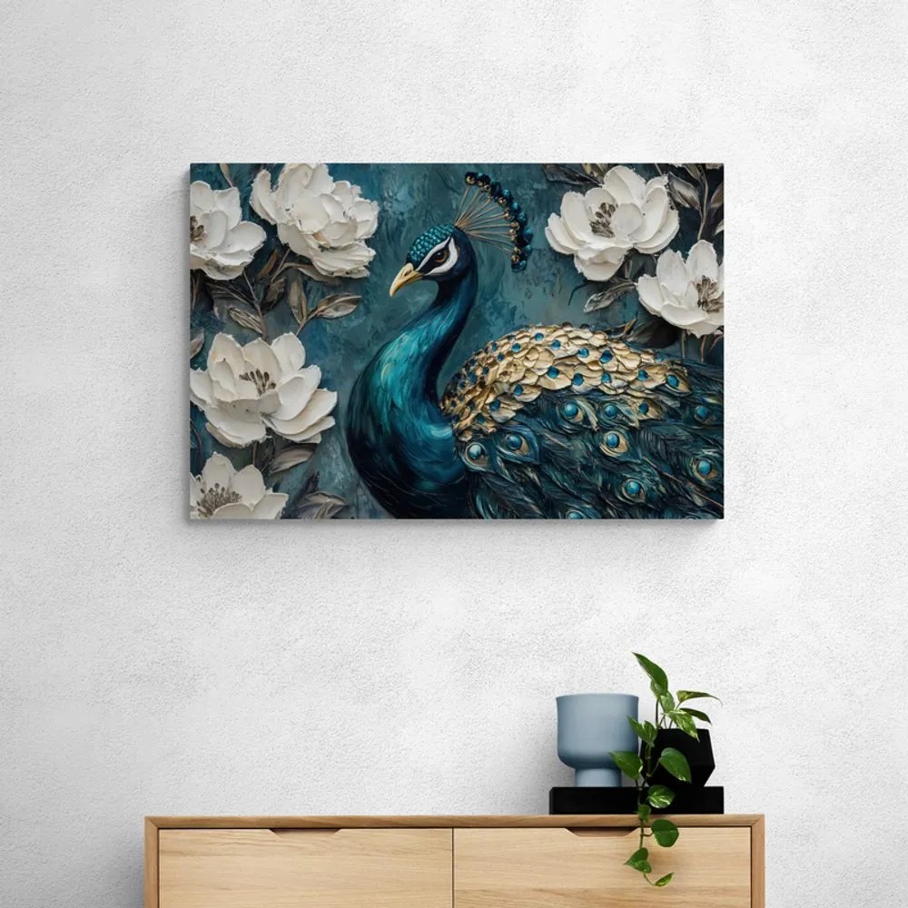 Quadro su tela – Ritratto di pavone tra i fiori