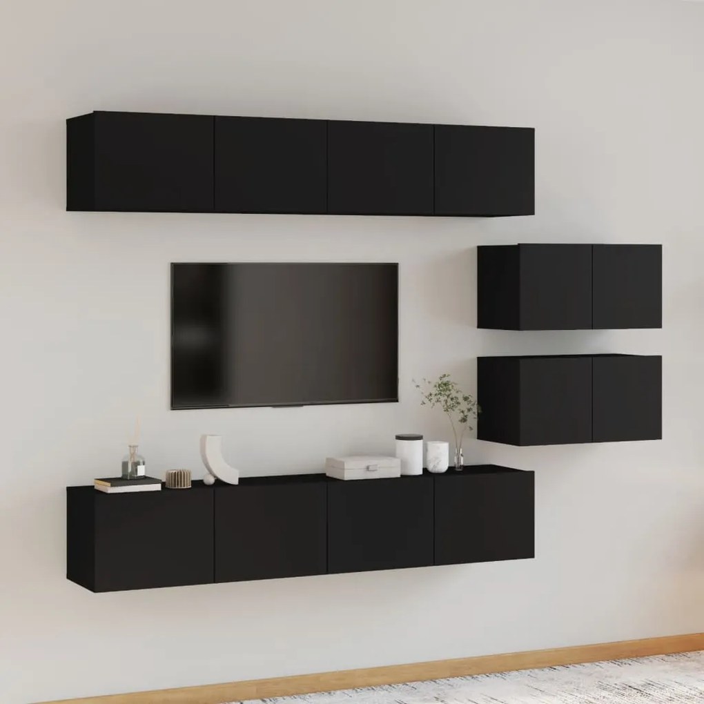 Set Mobili Porta Tv 6 Pz Nero İn Legno Multistrato /