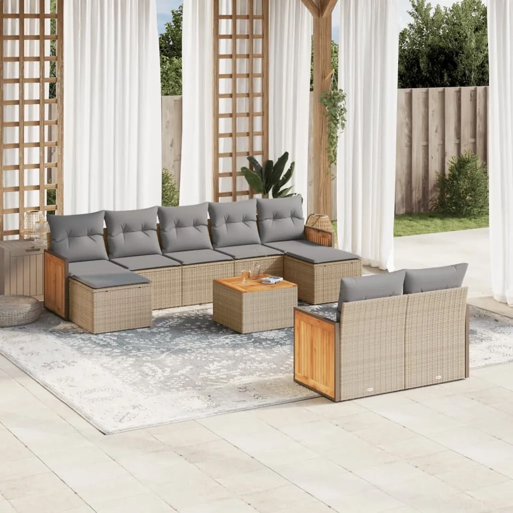 Set divano da giardino 10 pz con cuscini beige in polyrattan