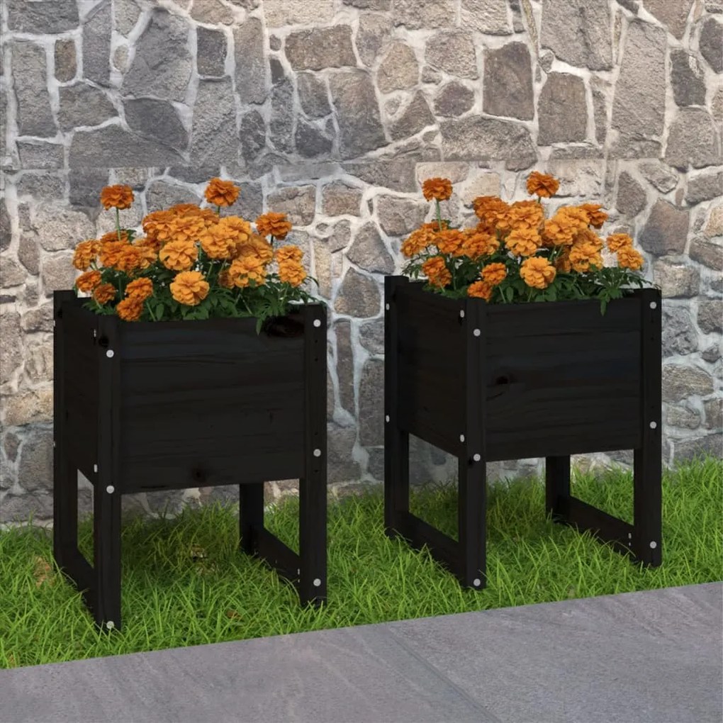 Fioriere 2 Pz Nero 40x40x52,5 Cm İn Legno Massello Di Pino /