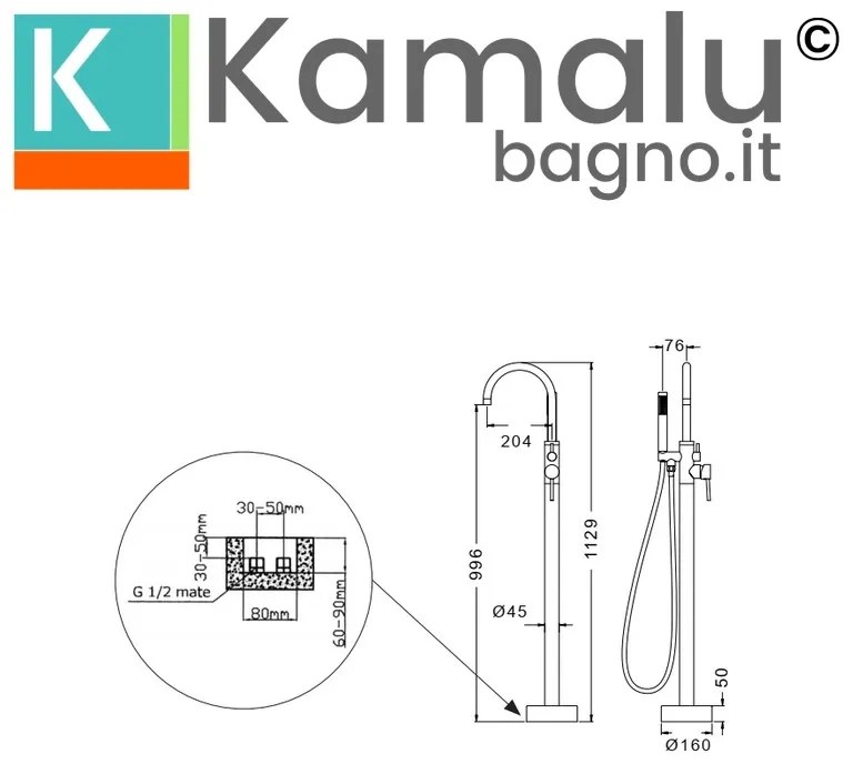 Kamalu - Miscelatore vasca da pavimento colore nero | KAM-ARTE NERO