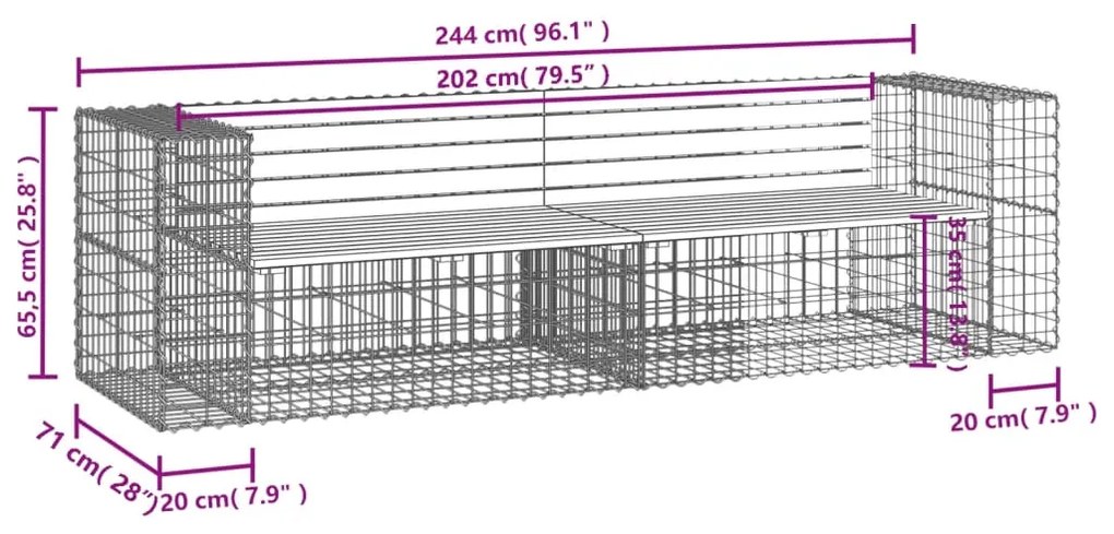 Panca Giardino Design Gabbione 244x71x65,5 cm Massello di Pino