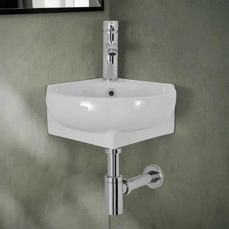 Lavabo sospeso ad angolo 39x36 in ceramica lucida con design ovale