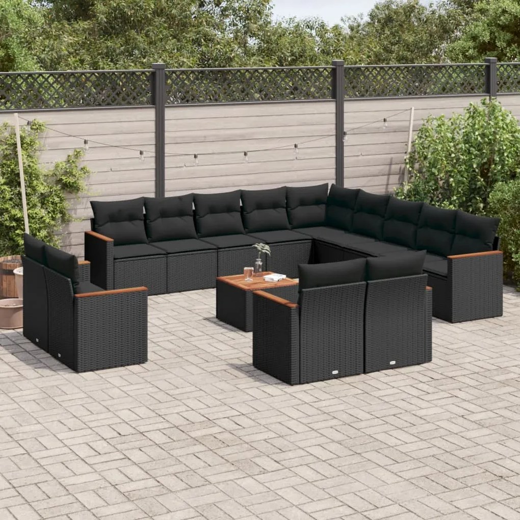 Set divani da giardino 14pz con cuscini in polyrattan nero