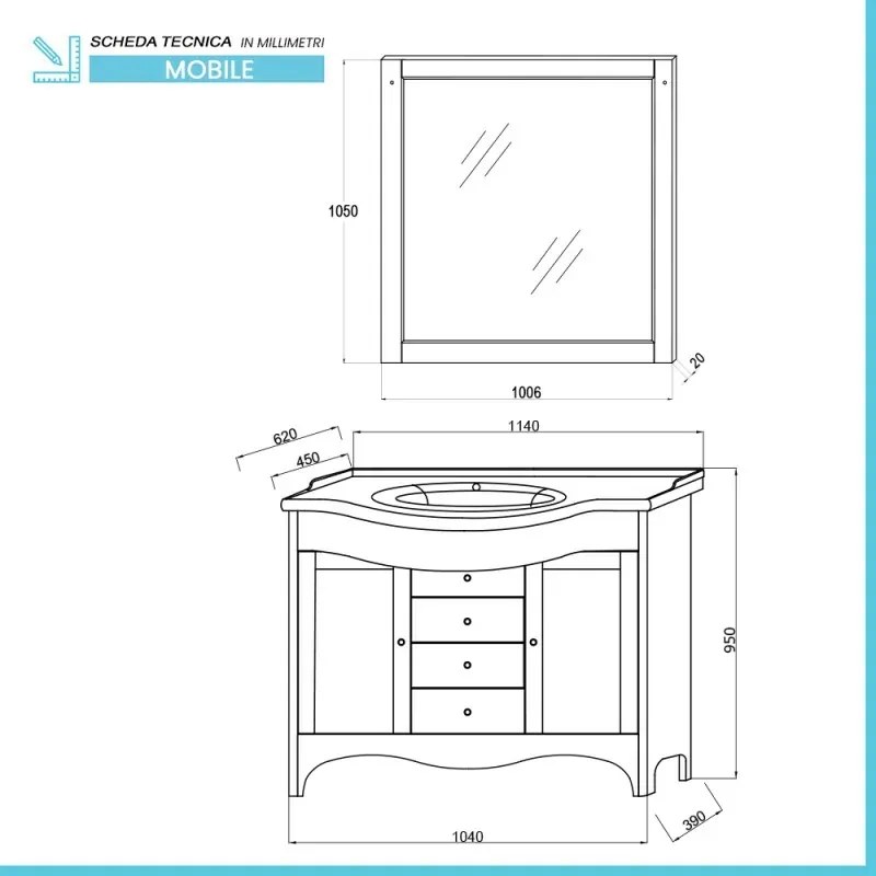 Mobile bagno a terra 115 cm noce con lavabo specchio e lampade Romantica
