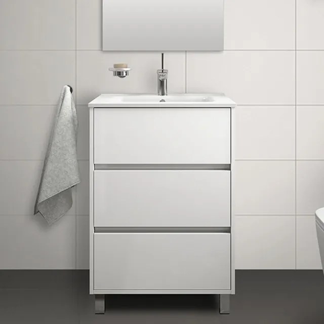 Mobile bagno a terra 60 cm bianco lucido con 3 cassettoni lavabo e specchio Saxsi