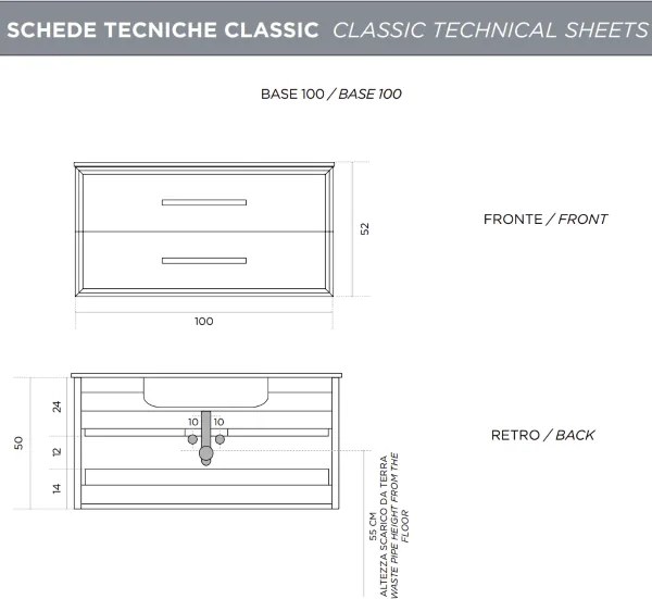 Mobile da bagno sospeso moderno base 100 CLASSIC con 2 cassetti e lavabo, ANTRACITE OPACO