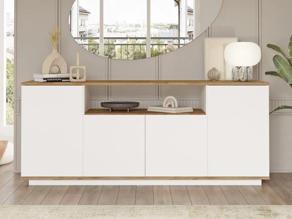 Credenza con 4 ante e 1 ripiano Naturale chiaro e Bianco - LOTULA