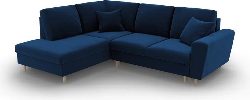 Divano angolare blu allungabile e con contenitore (con penisola a sinistra/a L) con rivestimento in velluto Kyoto – Cosmopolitan Design