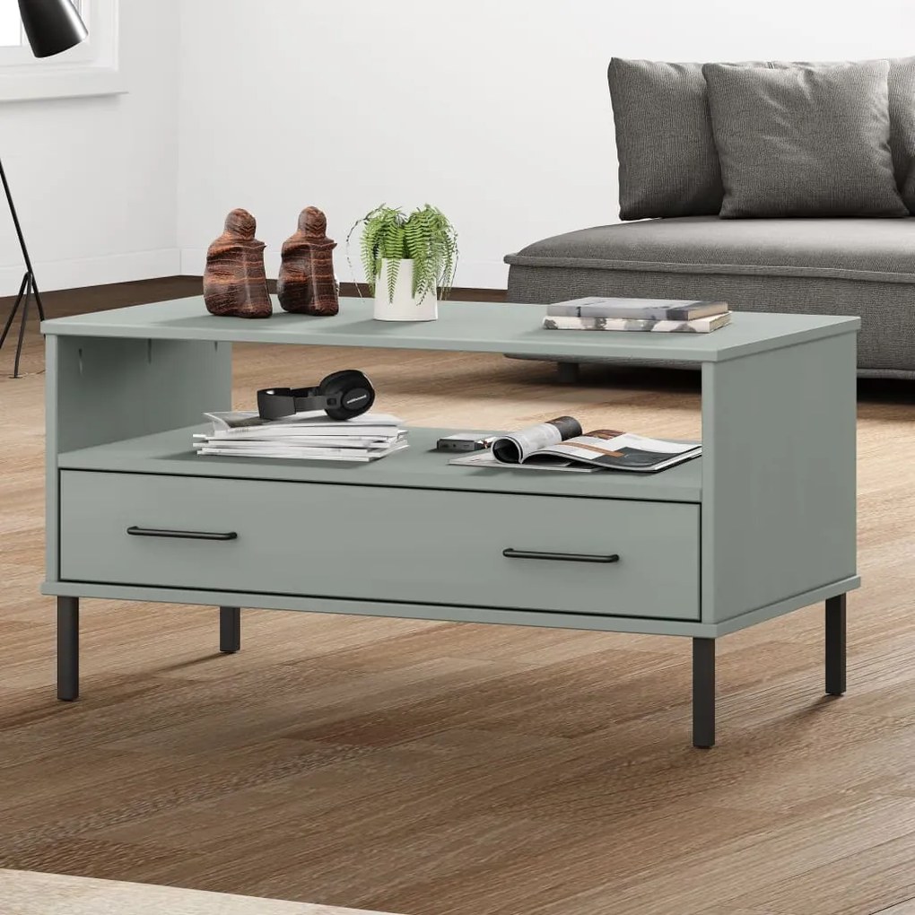 Tavolino Gambe Metallo Grigio 85x50x45 Cm Legno Massello Oslo /