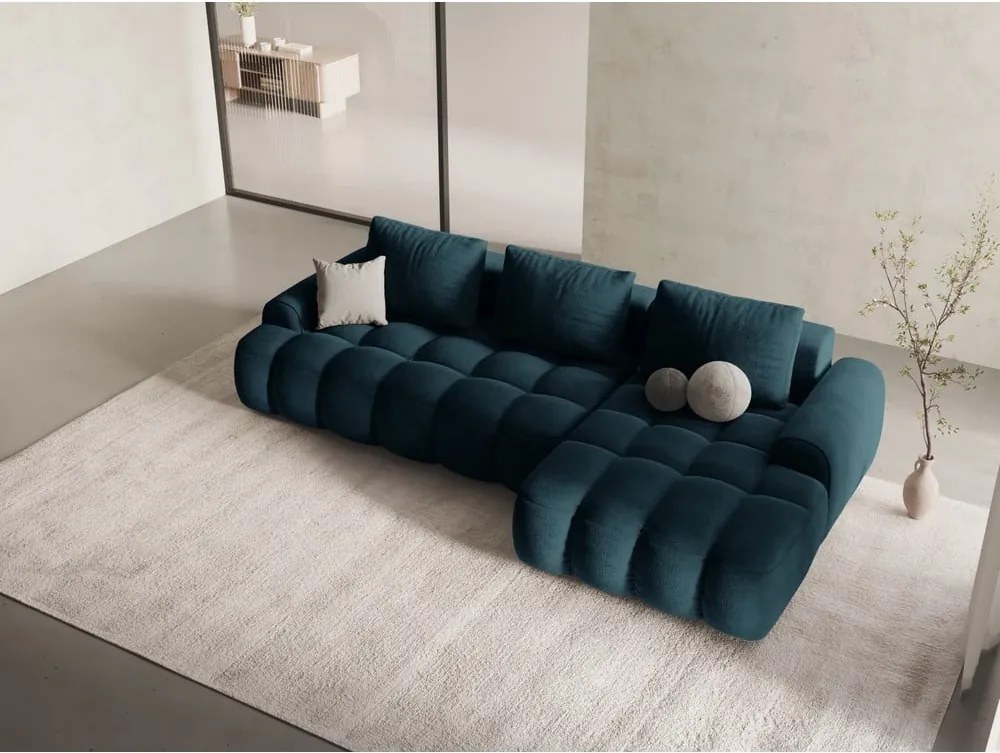 Divano angolare color petrolio allungabile/con contenitore (con penisola a destra/con chaise lounge) con rivestimento in velluto Linz – Cosmopolitan Design