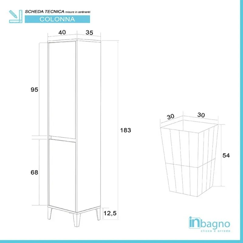 Colonna bagno con cesta portabiancheria L. 40 cm linea Way rovere scuro