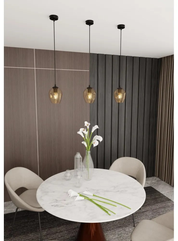 Lampadario a Sospensione in Acciaio e Vetro ISTAR Nero E27 Colore delle Sfere Ambrate
