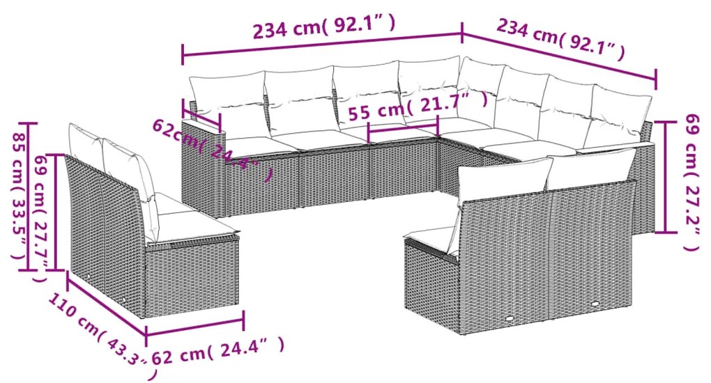 Set divani da giardino 11 pz con cuscini in polyrattan nero