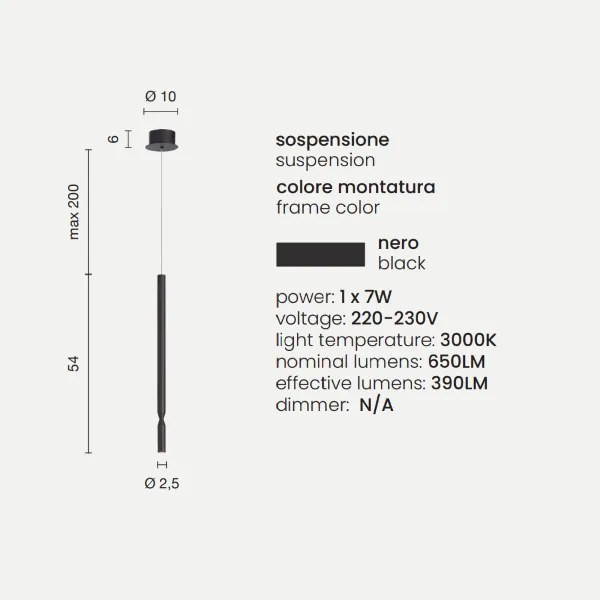 Lampada a sospensione LED in metallo verniciato Nero D10 cm TUBIC