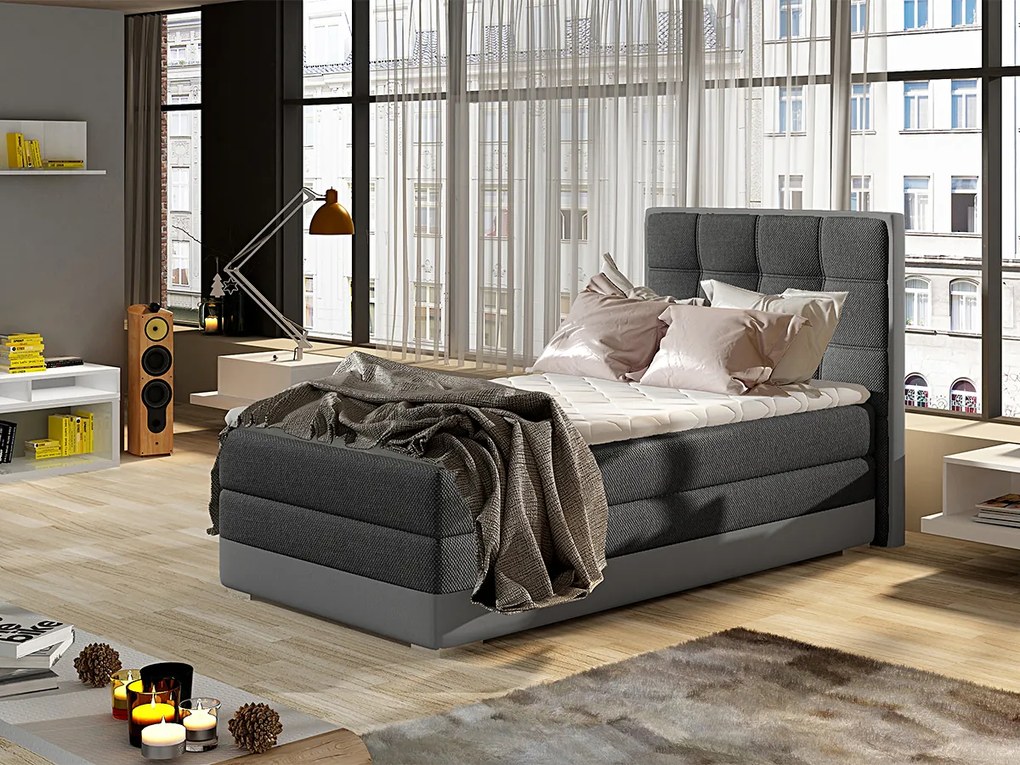 Letto singolo boxspring Lima - Tessuto grigio scuro + ecopelle grigio