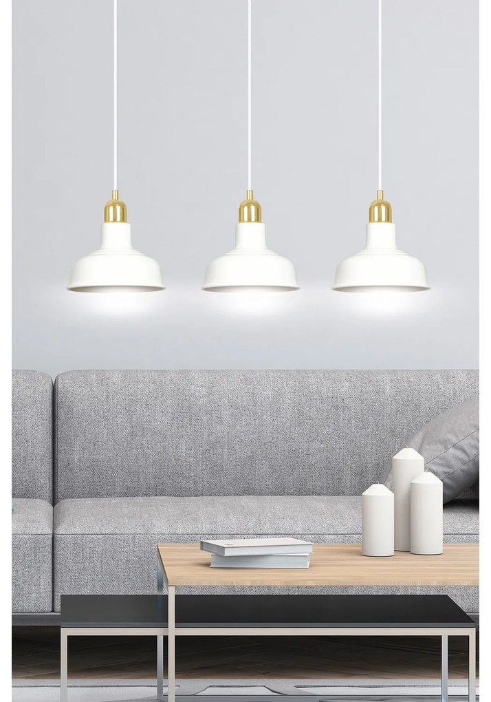 Lampadario Industrial 3 Luci Kubera In Acciaio Bianco Con Elementi In Oro