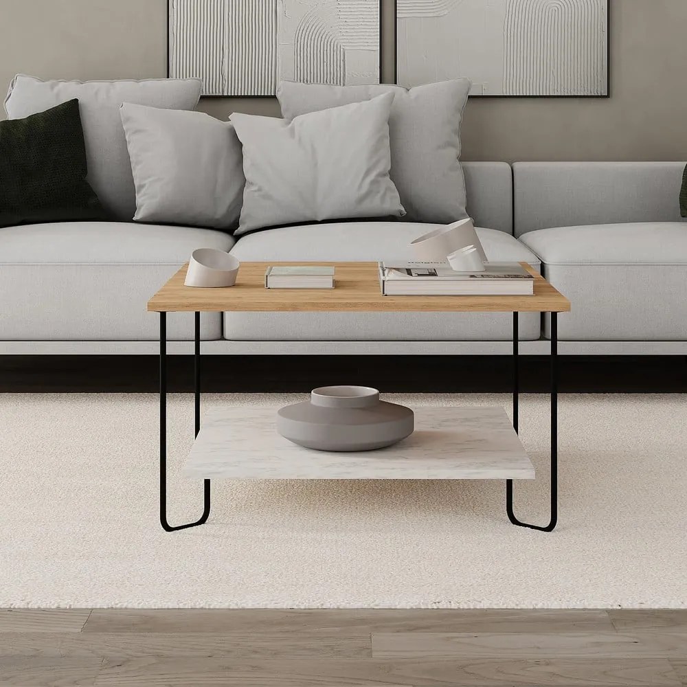 Tavolino con piano in rovere decorato in bianco e naturale 80x80 cm Tonka - Marckeric