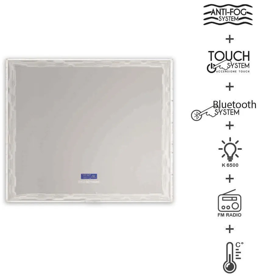 Specchio touch LED 90X90 con casse Bluetooth radio orario e temperatura anti-fog