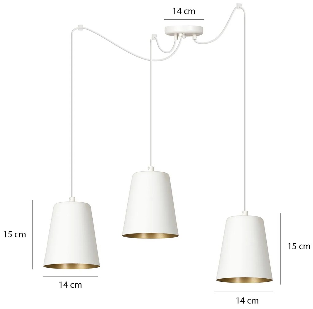 Lampadario 3 Luci Link In Acciaio Cavo Lungo E Paralumi Cono Bianco E Oro