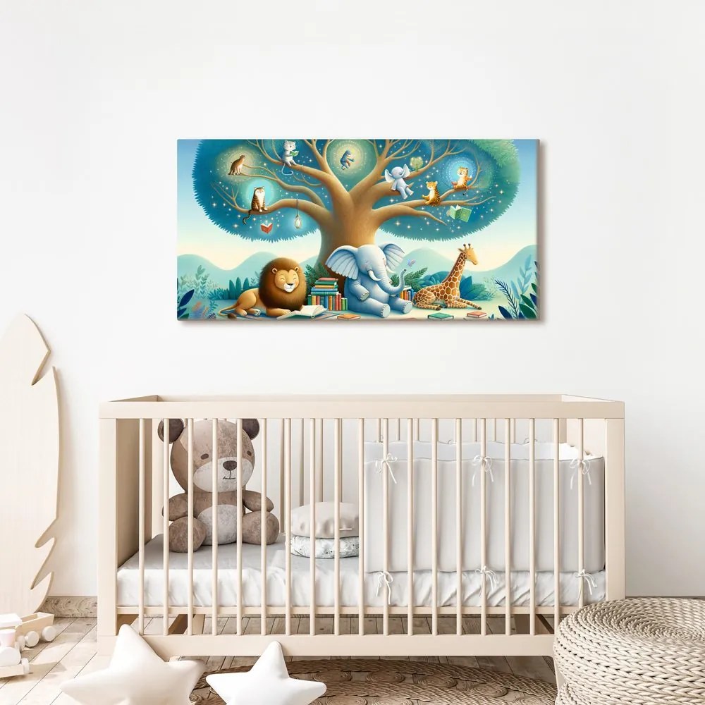 Quadro su tela – Animali sotto l’albero con libro