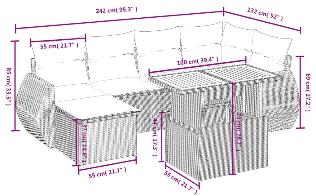 Set divani da giardino 7 pz con cuscini beige in polyrattan