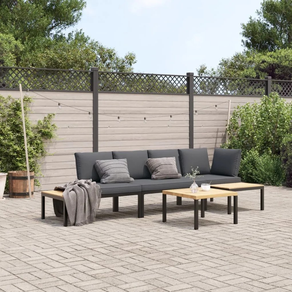 Set divani da giardino 4 pz con cuscini in alluminio nero