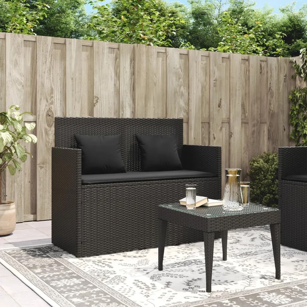 Panca da giardino con cuscini nera in polyrattan