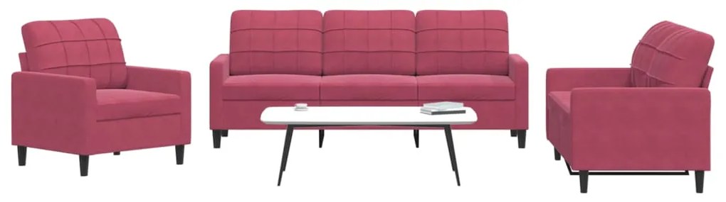Set Di Divani 3 Pz Con Cuscini Rosso Vino İn Velluto /